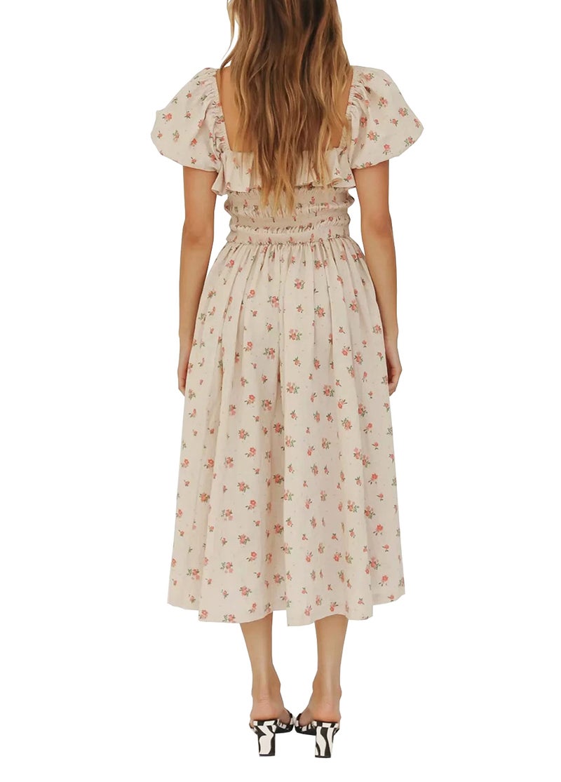 R.Vivimos Womens Summer Floral Print Puff Sleeves Vintage Ruffles Midi Dress (Large, Beige) - Image 2